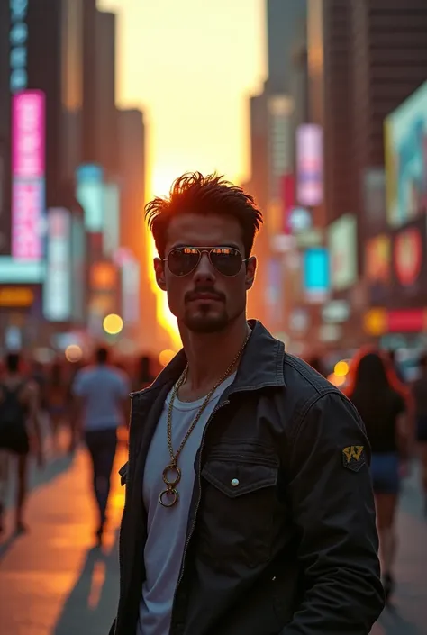 A young man, aviator sunglasses, similar to tom cruze young, in a city