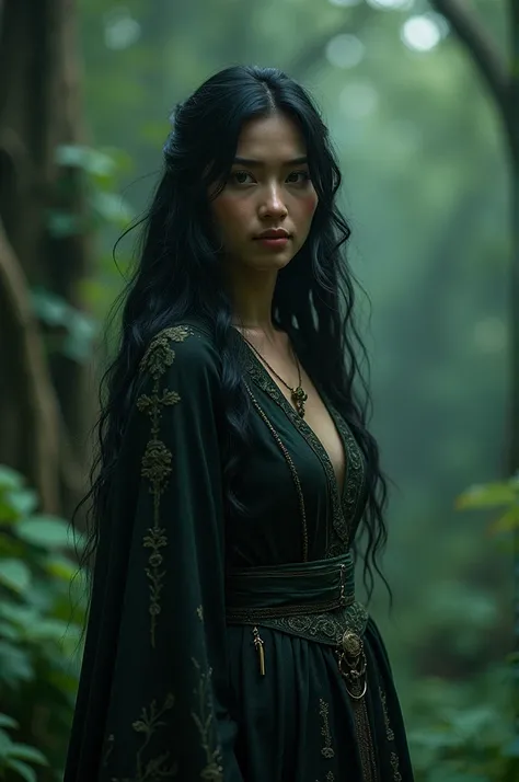 Goddess of the night dew , appeared to be a mature woman between 40 and 50 years old , clothes that resemble the vegetation of the night , Bela , Stately , humid night landscape , long black hair 