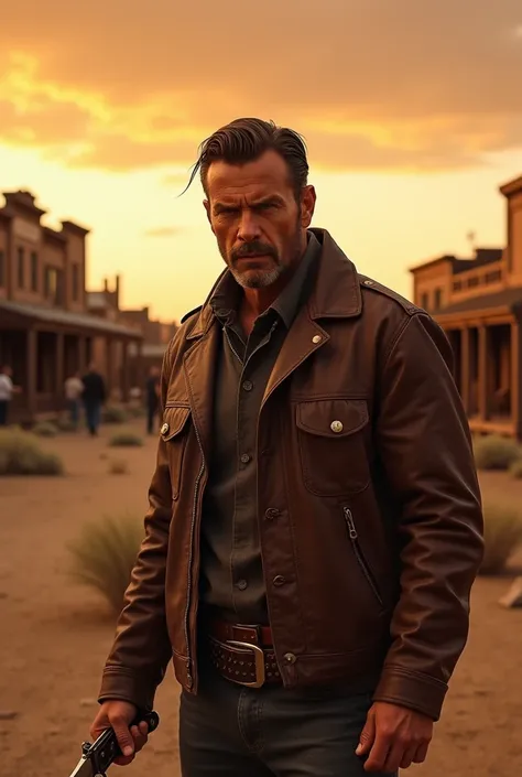 A man in a leather jacket with a knife in his hand in the old western style with hair parted in the middle and no beard