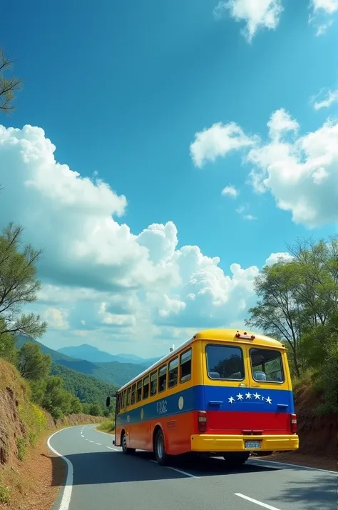 a bus on the road with the colors of the Venezuelan flag that is on its side and in the background the blue sky with cujies