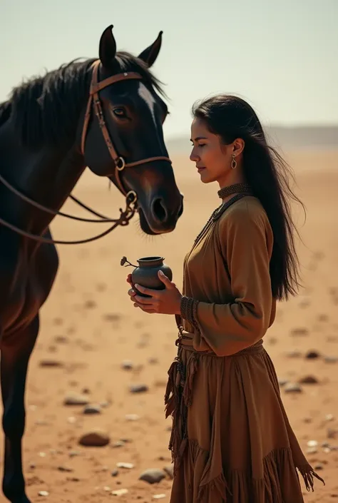 Draw a picture of a girl of 30 years old in braves costume, having straight black hair standing in desert holding a jar. The girl is holding a small chit and reading it.
On desert there are lots of chits everywhere without led lights.
A black horse is stan...