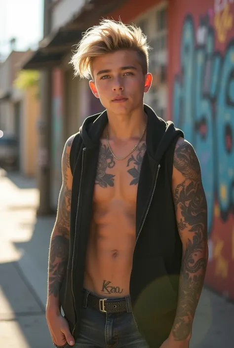 18 year old American boy, has slightly wavy blonde hair with a medium undercut cut, Western facial features, He has a strong body and tattoos on his arms, wears an open, sleeveless hooded sweatshirt, has a cool style and relaxed posture