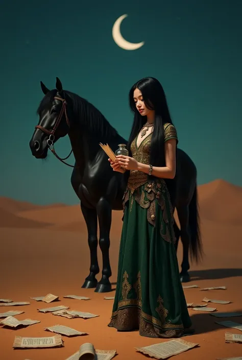 Draw a picture of a girl of 30 years old in braves costume, having straight black hair standing in desert holding a jar made of glass The girl is holding a small chit and reading it.
On desert there are lots of chits everywhere without led lights.
A black ...