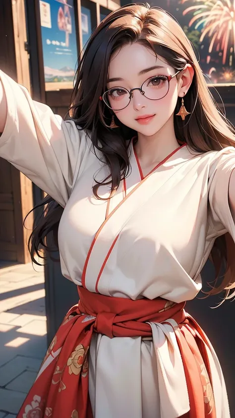 One Girl(High resolution, masterpiece, accurate, Anatomically correct), ((Landscape、Wearing glasses、A happy look、Slightly red cheeks))(((A pose with the waist bent forward:1.30、looking at the camera、Selfie)))、(Light Hair、Brown eyes、Straight hair)、((Colorfu...