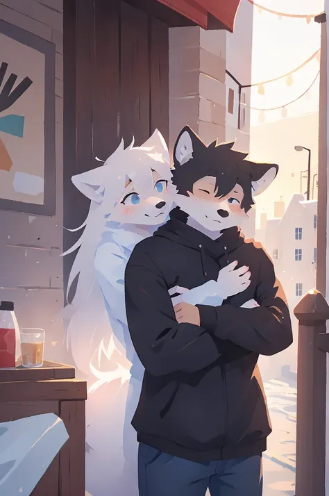 couple men arctic fox x black wolf, hugging, furry, with clothes, fluffly