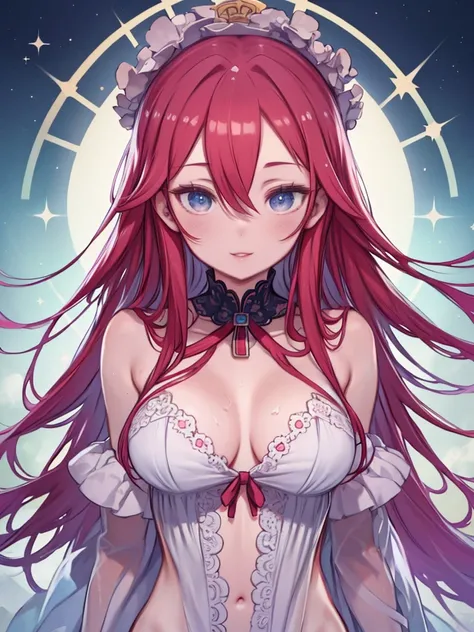 (Highest quality, masterpiece: 1.3), : 1, sexy: 1.5, Red color hair、long hair、Hair between the eyes、Blue Eyes、(Wet body: 1.2), Nightgown, beautiful, Big Breasts、Cleavage, Ultra detailed face, Detailed lips, Detailed eyes, double eyelid, sexy, smile, beauti...