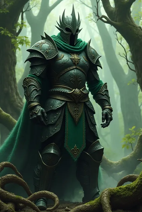 Warrior in green and black armor and green and black closed helmet growing thick roots from the ground 