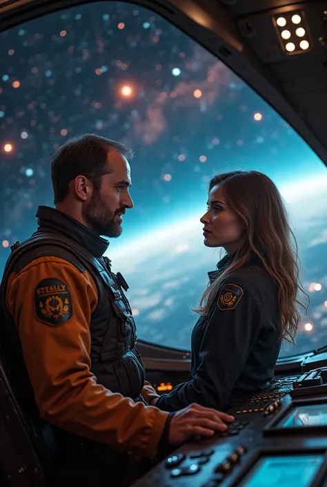 Space captain giving his position to a woman
