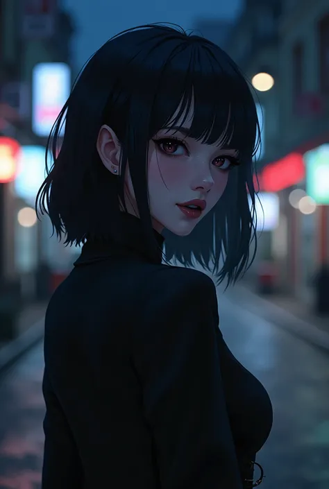 anime women, goth girl, dark hair, standing in a street at night, cinematic lighting (best quality:1.2),ultradetailed,vivid colors,bokeh, seductive looking face with smirk on mouth, piercing, looking back from a shoulder at the camera, black lips gloss
