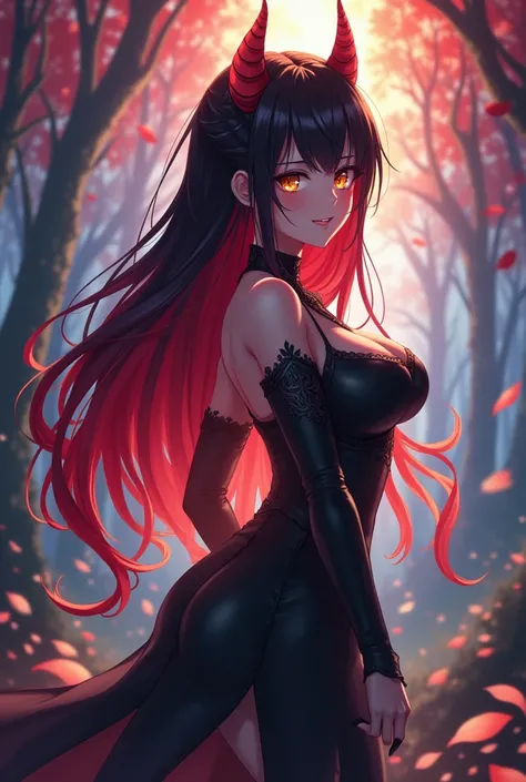 Anime girl, demon girl, 1girl, big boobs, multicolour hair, black hair, red hair,