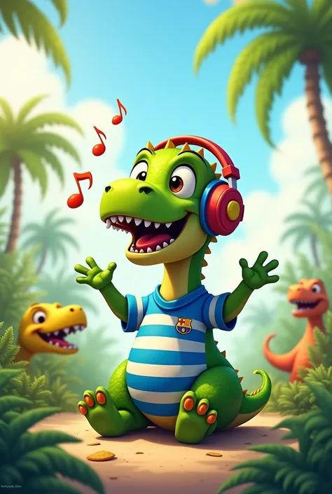 Dinosaur listening to music with Messi shirt easy