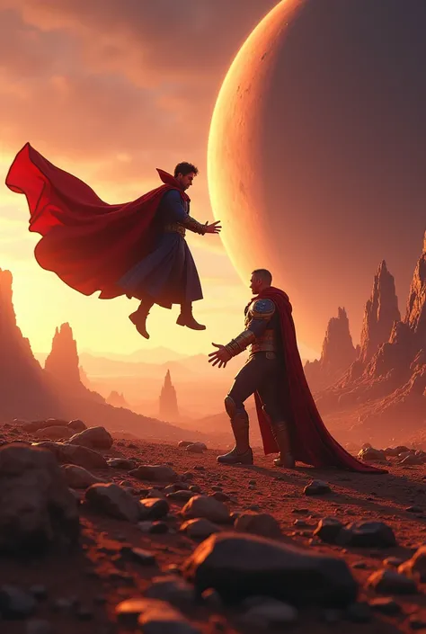 A stunning cinematic 3D render of Dr. Strange, played by Benedict Cumberbatch, and Dr. Doom, portrayed byRobert Downey Jr., engaged in an epic battle on the immense surface of Titan, a moon of Saturn. Dr. Strange wields his signature Cloak of Levitation an...