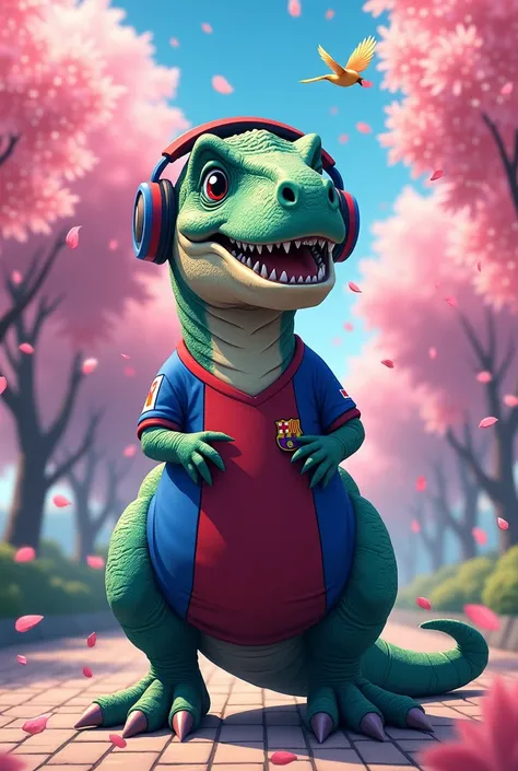 Dinosaur in Messi shirt listening to anime style music