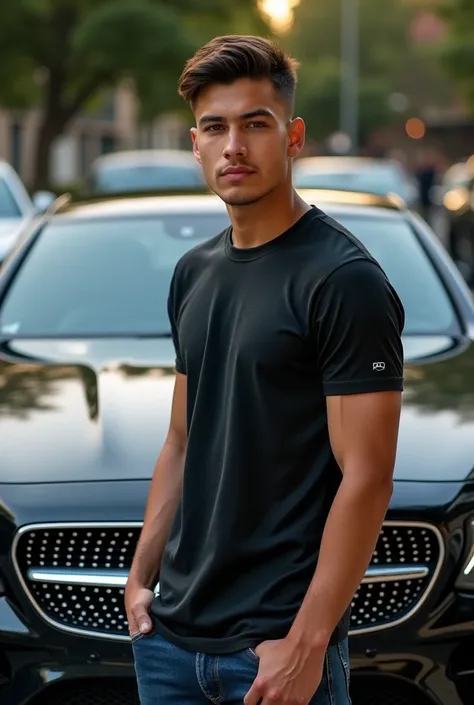 "A 21-year-old young man with a square-shaped face, short hair, and a slim, defined body standing confidently in front of a sleek Mercedes car in an upscale parking lot. The man is casually dressed in a fitted T-shirt and jeans. The scene is ultra-realisti...