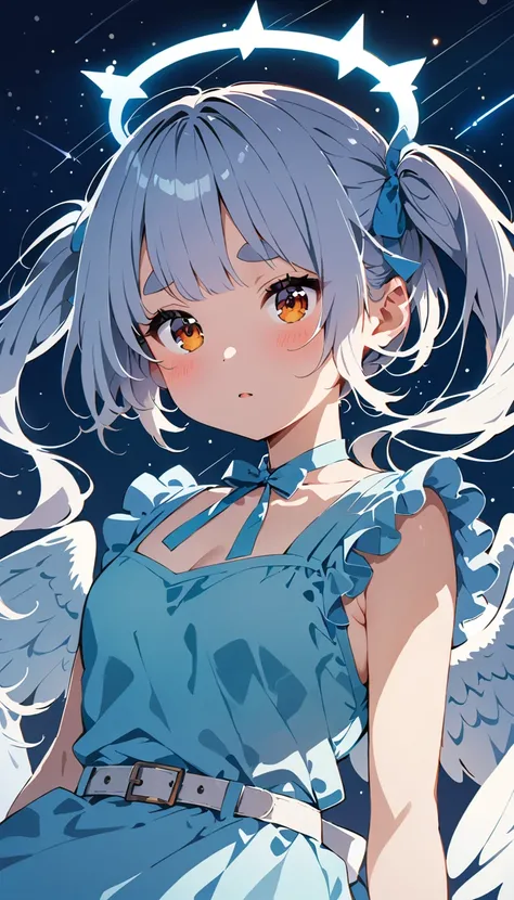 (((masterpiece, Highest quality, One person, alone))), (((Half-long white hair, Twin tails, Shoulder-length side hair, Short round eyebrows, Beautiful Eyes, Confused eyes:1.5, jitome, Orange Eyes))), View your viewers, (((Light blue goth dress, White belt,...