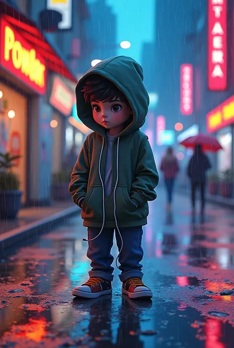 masterpiece, boy alone, alone, Extremely ridiculous, Hoodies, earphone, street, outdoor, rain, neon, cartoon