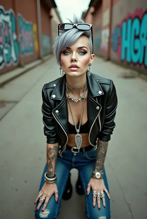 russian old milf woman, grey hair (pompadour, ponytail, shaved sides), wearing  big oversized square sunglasses as headband, with very light blue eyes, extremely pale. Wearing cropped black moto jacket (padded shoulders) with lots of zippers and badges on ...