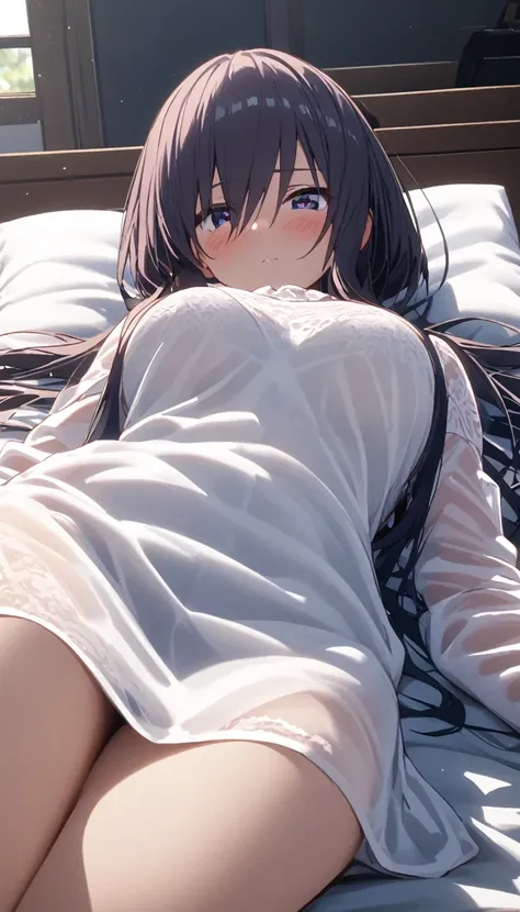 miku nakano, solo, lying, blush, on bed, indoors, lying on bed, 黒タイツ, long hair, asymmetry bangs,medium breasts, over sized long sleeve white shirts, see-through shirts, looking at viewer, from below, 