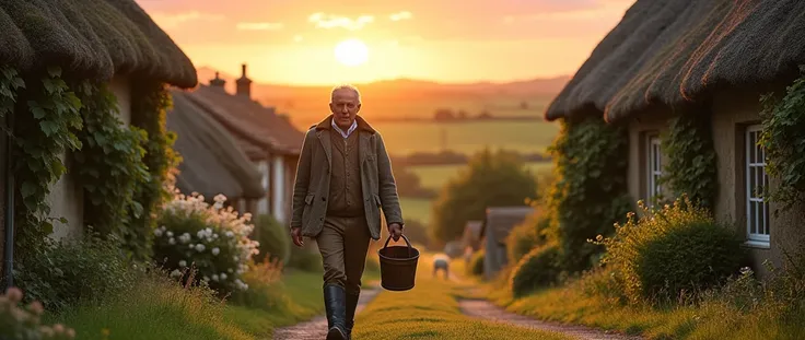 An image of a country gentleman, carrying a bucket, going home, em um vilarejo, country man, photo realist, image from bottom to top, horizon line
