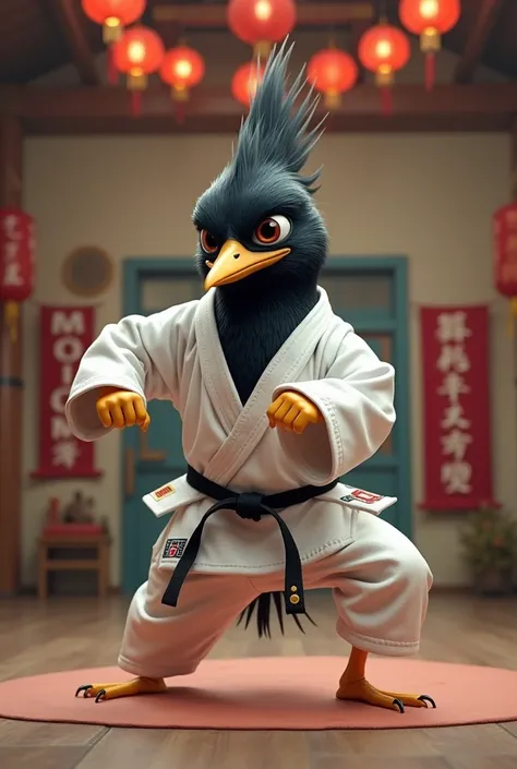 a black-haired cuckoo dressed as a taekwondo fighter