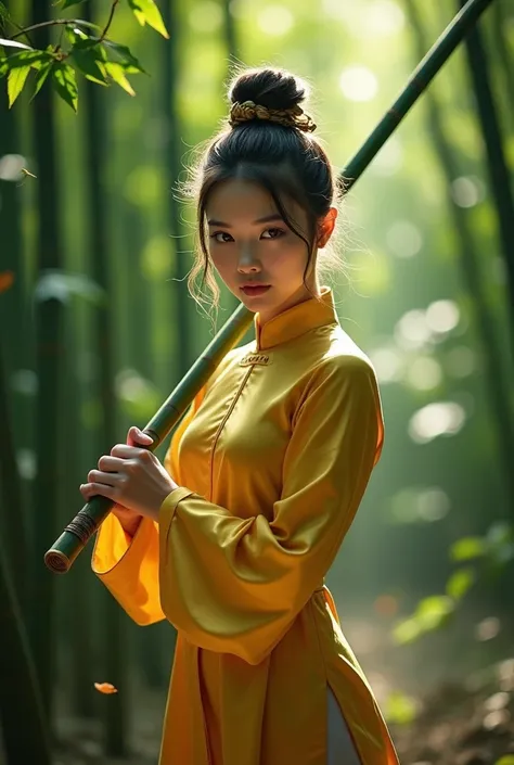 Ultra HD，1 Full body shot of a female in gold tight short Cheongsam Dress holding a green bamboo staff, green bamboo leaves fly around me, dynamic pose, in green bamboo forest, martial art, bun, lighting from front