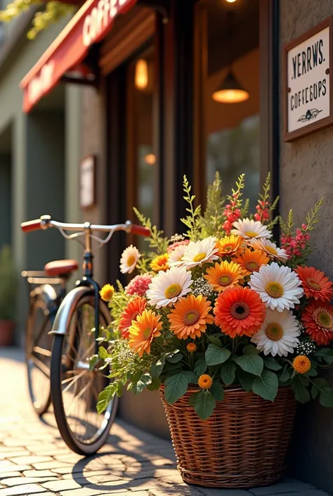 ( Correct and perfect anatomy )(close up) Basket filled with flowers Clear and detailed Bicycle parked next to coffee shop Detailed and intricate Perfect art illustration Slim realistic High detail Best quality ( Correct and perfect anatomy ) Ultra-detaile...