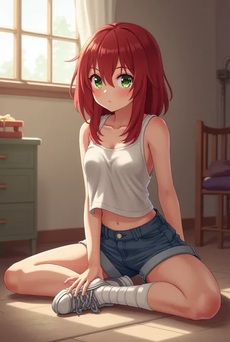 (work of art, best quality), 1girl, (thin body), green eyes , red hair, tank top, cropped denim shorts, white socks and sneakers, sitting on the floor, spread legs, in her bedroom