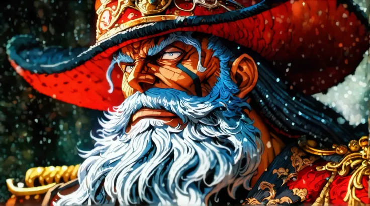 Large muscular old giant, tied black hair, big beard, One Piece Marine Admirals cape, angry look, ((Intricate anime character design inspired by One Piece)), ((Stunning lighting)), ((Fine lines)), ((Stunning focus)), ((Centered character)), ((Stunning face...