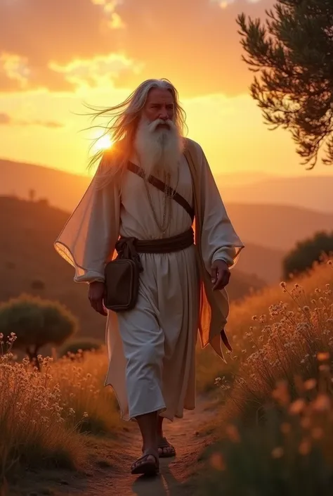 A Nazirite man with long white hair and beard representing the prophet Samuel walking at sunset 