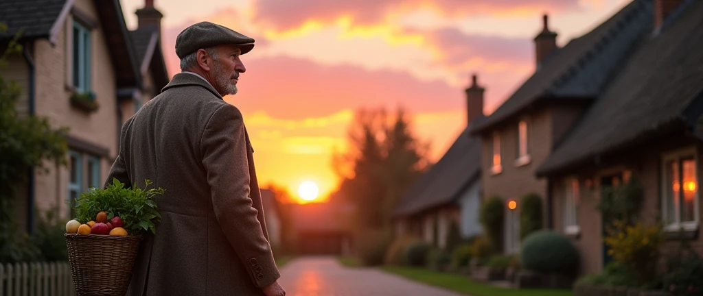 An image of a country gentleman in the foreground, carrying a bucket, going home, em um vilarejo, country man, photo realist, image from bottom to top, horizon line
