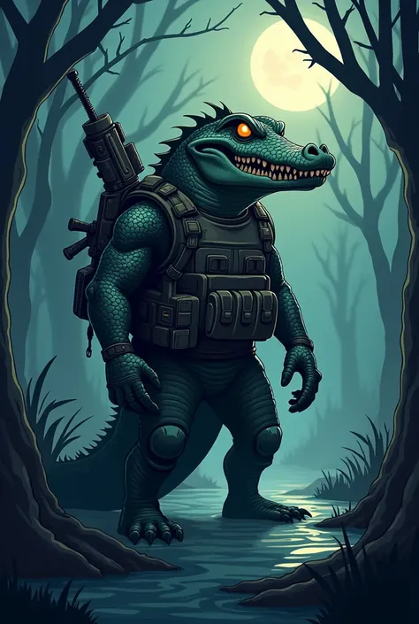   Scary military alligator with skull mask , in the swamp, armed,foto em cartoon, aspiring gamer name