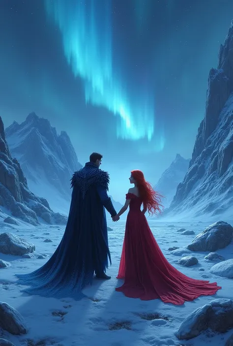 Príncipe de hielo young y pelinegro y muy malvado, villain, with a huge army of blue ice giants in Jötunheim alongside the red-haired princess, young, evil, Villain in red dress and the night sky.