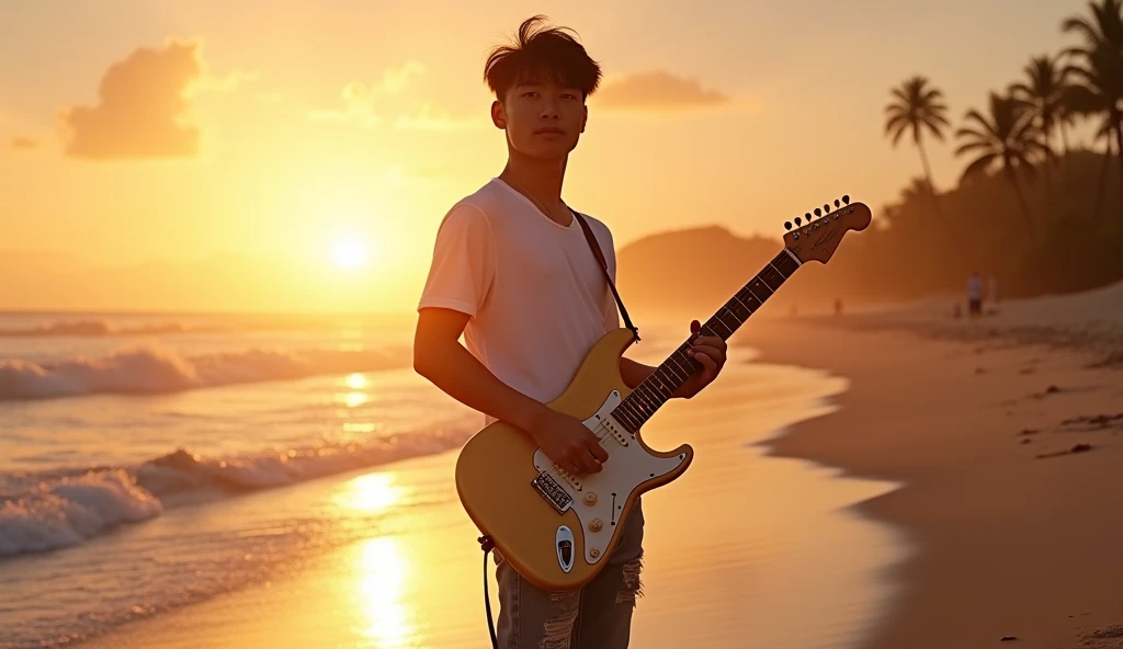 8k, highest quality, ultra details, Tobias Bjorgsha, , handsome asian guy, white t-shirt and ripped jeans, messy neat black hair, playing electric guitar,he is looking forward to camera, sunset beach, barefoot, carefree expression