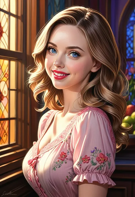  a colored pencil sketch of a 50 house wife. featuring warm lighting and shadows. should be of the highest quality, a masterpiece with intricate details.

 She should have luscious lips, a wide smile, and bright, expressive eyes, exuding beauty, cuteness, ...