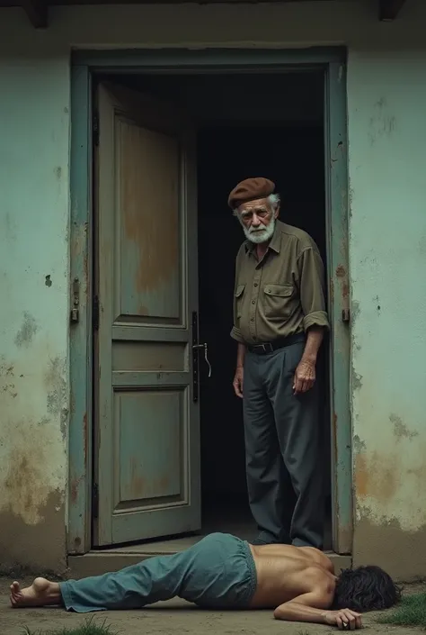 The image shows the facade of a modest house, with a partially open door. In front of the door, a man over 79 years old, with an expression of despair and pain, He holds a gun in his hand. the man, with a brown beret on his head. A 29-year-old man lies on ...