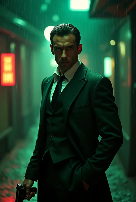 Man with gun and dark green suit black hair and green eyes 