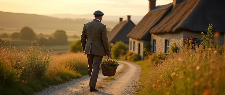 An image of a country gentleman in the foreground, carrying a bucket, going home, em um vilarejo, country man, photo realist, image from bottom to top, horizon line
