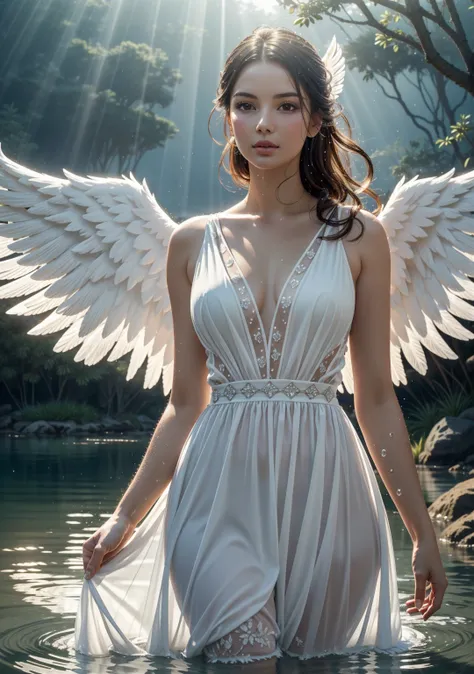 (Highest quality,Very detailed),(Realistic:1.37),Clear water,Beautiful attention to detail,Beautiful lip detail,Sparkling,Airy,Mysterious,Soft sunlight,Calm,Calm,Beautiful woman angel,Angel Halo,Slightly larger angel wings,Sheer white dress,Vibrant colors,...