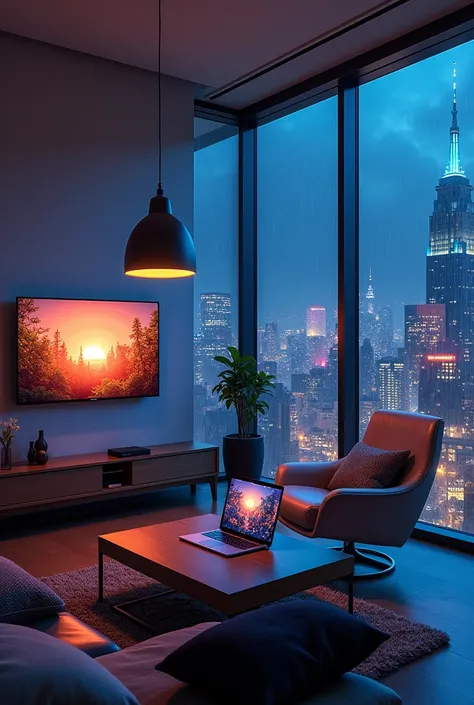 Imagine a cozy modern futuristic living room, a MacBook is on the table, a studio Ghibli film is on the tv, panoramic window view of new york city, night, dark lighting, futuristic, no people, rain