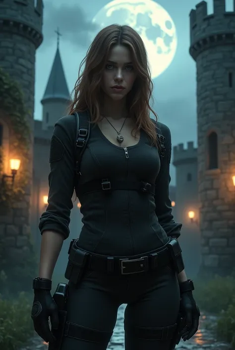 Create a character similar to Ashley from Resident Evil 4 , semi-new , standing in front of a castle