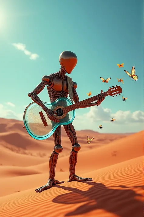 Wooden-skinned man plays guitar made of water in the middle of a very red sand desert, Musical notes fly in the form of insects