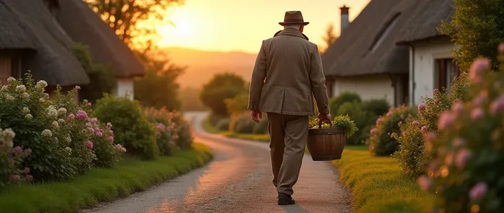 An image of a country gentleman in the foreground, carrying a bucket, going home, em um vilarejo, country man, photo realist, image from bottom to top, horizon line
