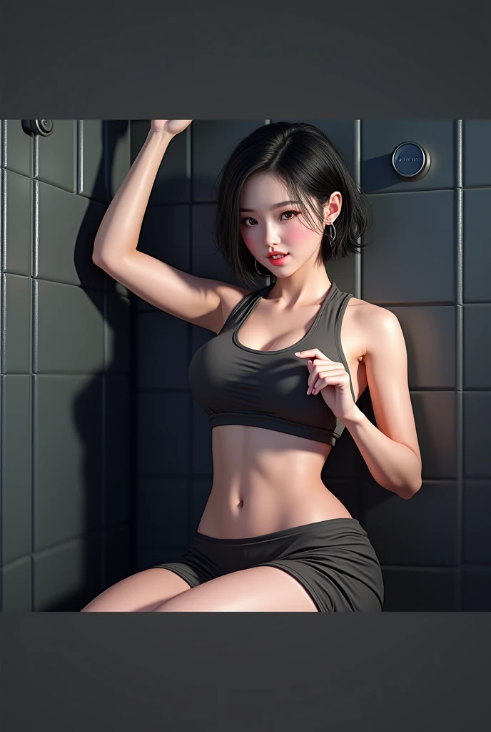 Realistic glowing skin, ,Always look at the camera, ,(sweating:1.2),Black Hair,short hair,Tie your hair short,Silky translucent white skin,best Realistic depiction,(Very detailed美しい顔), Great face and eyes, (Highest quality:1.4), (Very detailedな), (Very det...