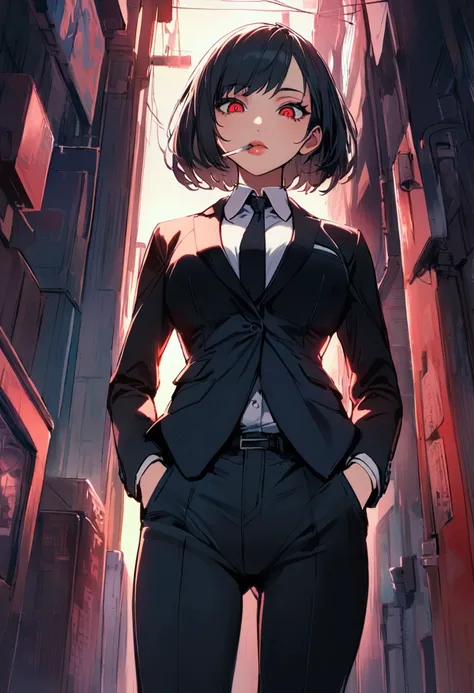 a woman in a suit, looking down at viewer with sharp eyes, she is smoking a cigarette, hands are in the trouser pocket, beautiful, red eye, black hair, wolf hair cut, low angle view