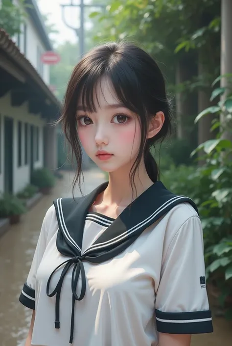 Realistic glowing skin, (sweating:1.4),Stand backwards,Look back at your face,Always look at the camera, (When the uniform gets wet with sweat, it becomes transparent..:1.4),(sweating:1.2)
Classic black and white sailor uniform,Summer clothes,Cold look,Col...