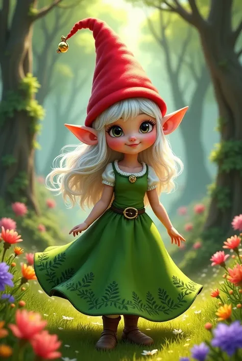 Female gnome in green dress, white hair, with a red cone-shaped hat 