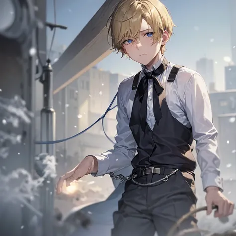 man with short blonde hair, blue eyes, sad, with his hands tied with a rope, with a leash around his neck. white dirty shirt, black trousers, snow,