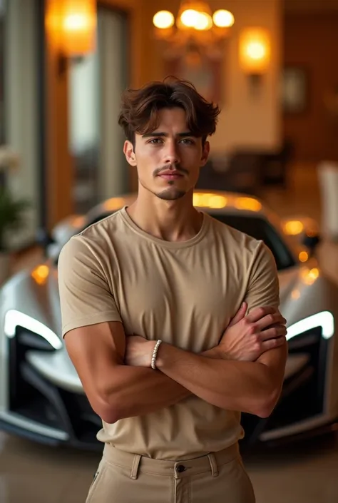 un jeune homme de 18 ans brun avec des cheveux sur son front musclé en tee shirt et pantalon beige très chic prends la pose les mains jointe dans un dessert avec une belle voiture de sport, cette image montre sa réussite et sont charisme
