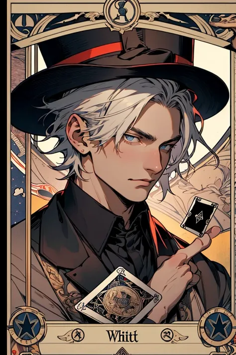 1 Boy,(short white hair:1.1),blue eyes,magician, top hat((Hat decorated with tarot cards)), Victorian robe, (zenDispute, Mandala, Dispute, enDispute:0.6),Chaos in its most beautiful form,Mucha style, conscious mind，Tarot cards, steam punk, tarot card borde...