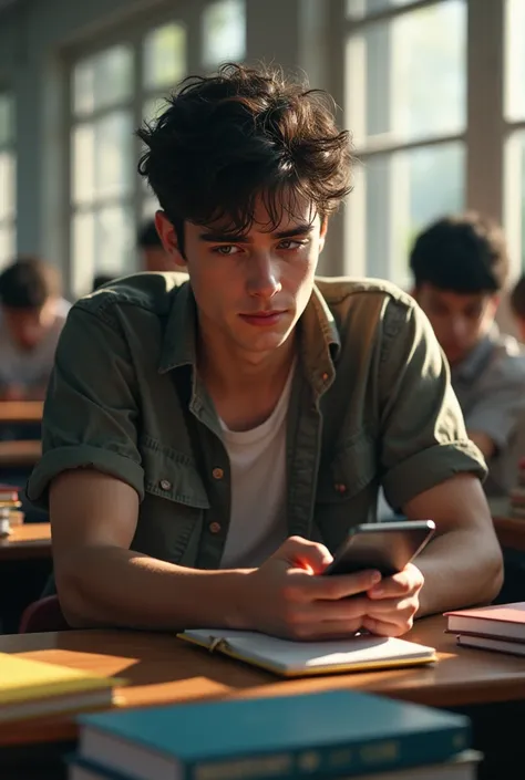 a handsome young man tired of studying is looking at his cell phone hidden in the ultra-realistic classroom
